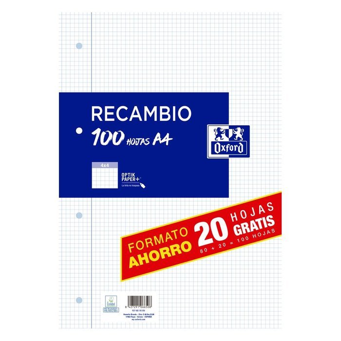 RECAMBIO A4 80+20H CUADRO 4X4 CON MARGEN | 25 UNIDADES | (OXFORD)