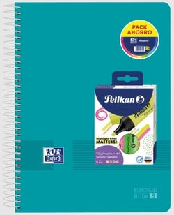 Cuadernos espiral A4+ Oxford colores vivos con marcadores fluorescentes