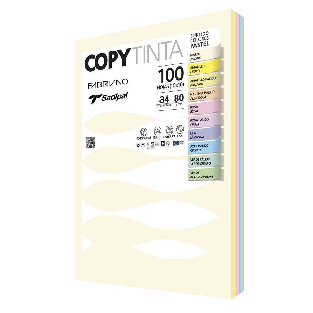Papel A4 Copy Tinta 80 g Surtido Colores Pastel SADIPAL Pack 100 hojas
