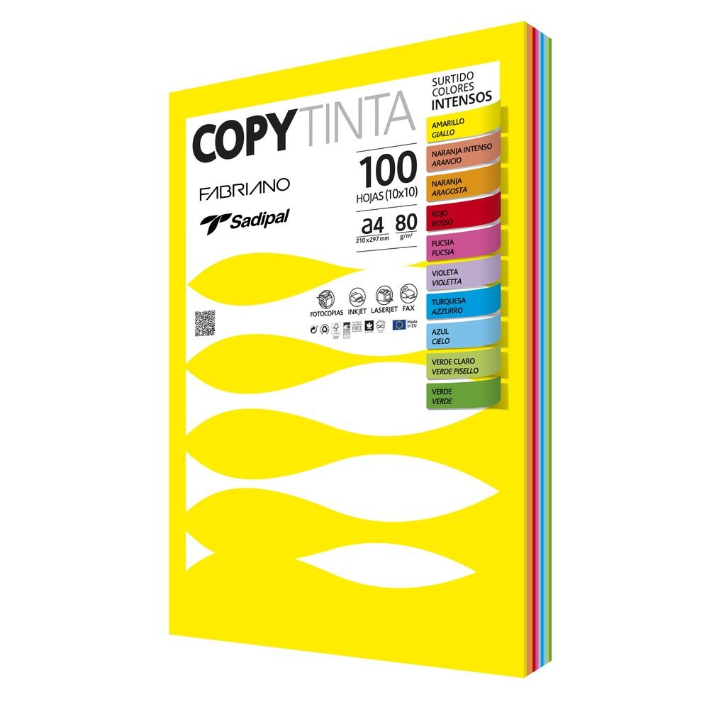 Paquete papel a4 100h 80g colores intensos surtidos fabriano