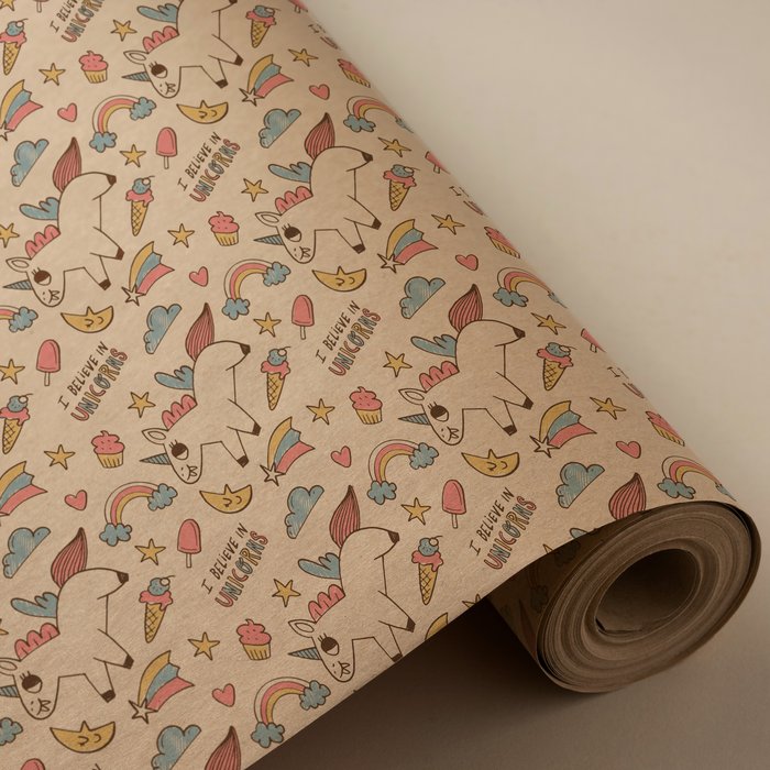 PAPEL REGALO BOBINA 31CM 2K KRAFT RECICLADO UNICORNIO DULCE | WONDER WRAPPER | 1 UNIDAD | 8429640000850