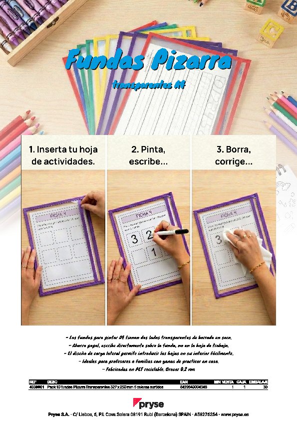 Fundas pizarra reutilizables A4 Pryse, pack 10 unidades
