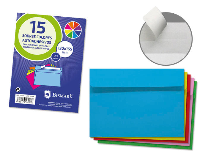 SOBRES AUTOADHESIVOS COLORES 15U | 12 UNIDADES | (POESSA BISMARK REGALO)