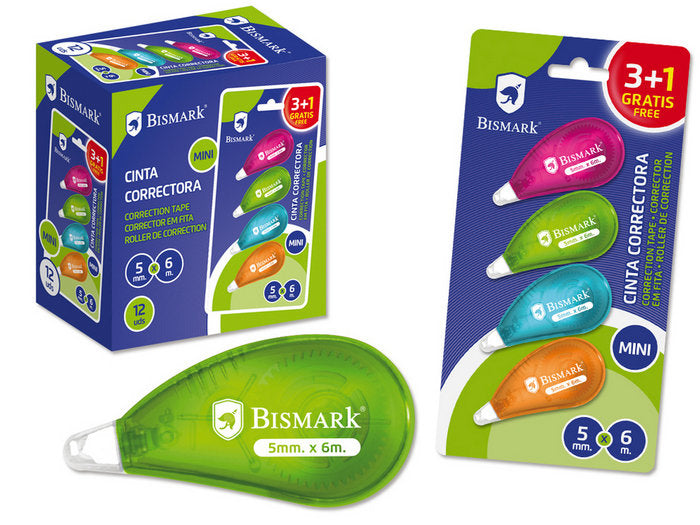 CORRECTOR CINTA BISMARK MINI NEON 6MX5MM BLISTER 3+1 | 12 UNIDADES | (POESSA BISMARK REGALO) Imagen principal del producto