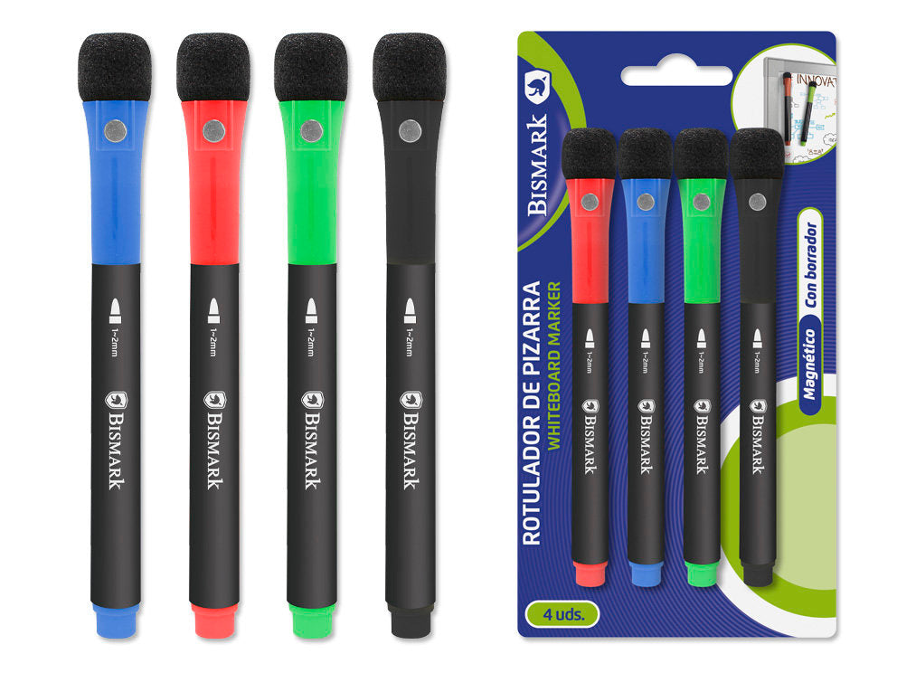 Rotulador Pizarra Imantado Con Borrador Pack 4U | Poessa Bismark Basico | Pack 12 Unidades