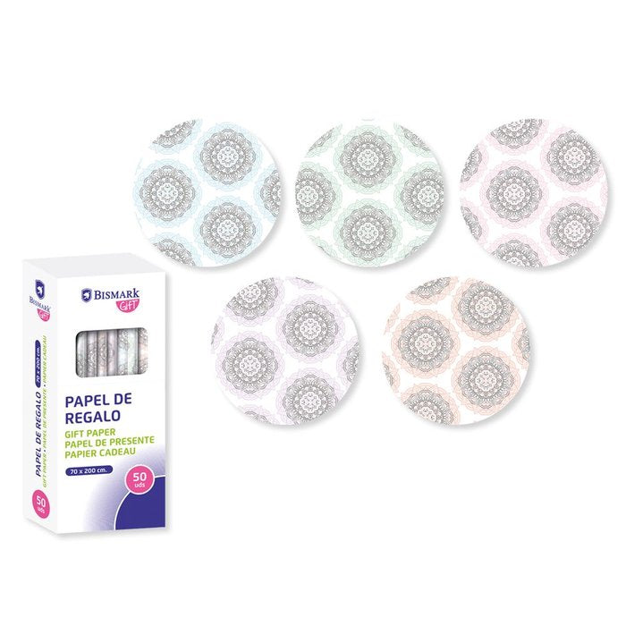 EXPOSITOR 50 ROLLOS PAPEL REGALO MANDALAS 70X200 | POESSA BISMARK GIFT | ENVASE 50 UDS. UNIDAD | 18430173298581