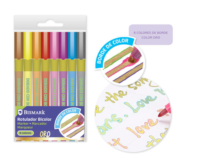 Set 8 Rotuladores Bicolor Oro+Neon Pastel | Poessa Bismark Regalo | Pack 1 Unidades