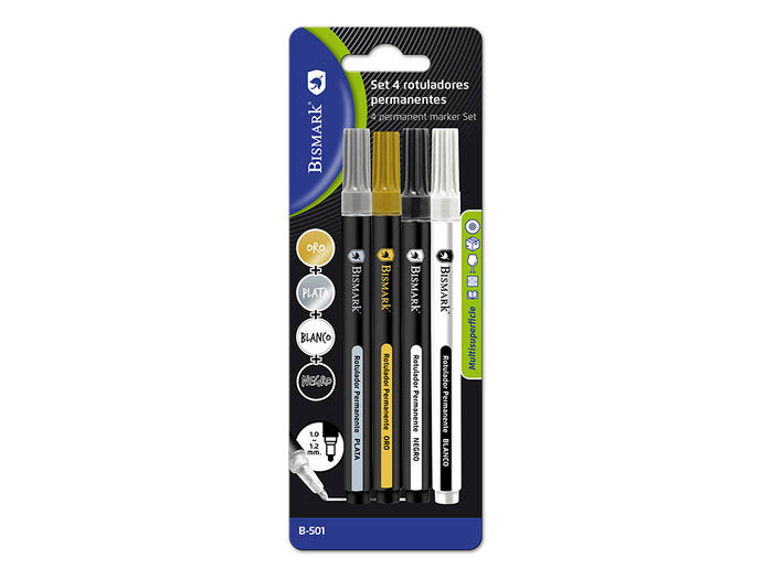 Set 4U Rotulador Permanente Oro/Plata/Negro/Blanco | Poessa Bismark Basico | Pack 12 Unidades Imagen principal del producto