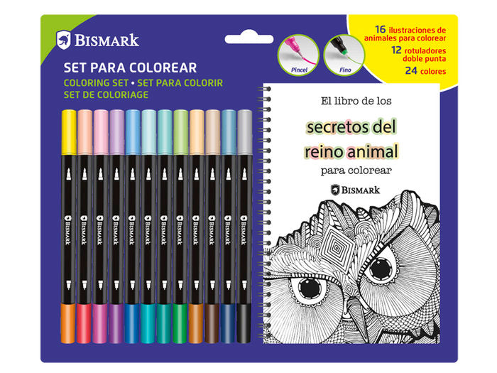 Libro Mandalas Animales y 12 Rotuladores Dobles POESSA BISMARK REGALO
