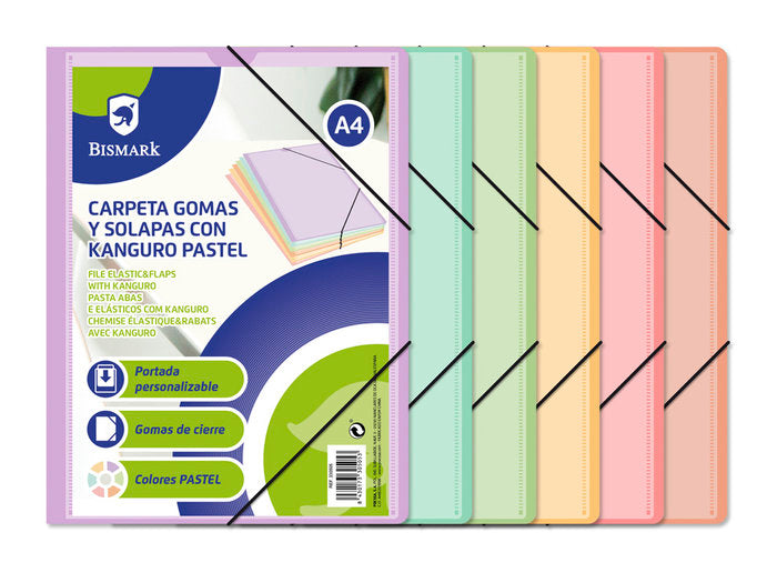 CARPETA A4 GOMAS Y SOLAPAS PP KANGURO PASTEL | 24 UNIDADES | (POESSA BISMARK BASICO) Imagen principal del producto
