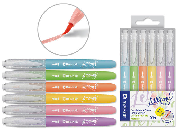 Rotuladores Glitter 6 Colores Lettering Pastel Surtidos | Poessa Bismark Regalo | Pack 12 Unidades Imagen principal del producto