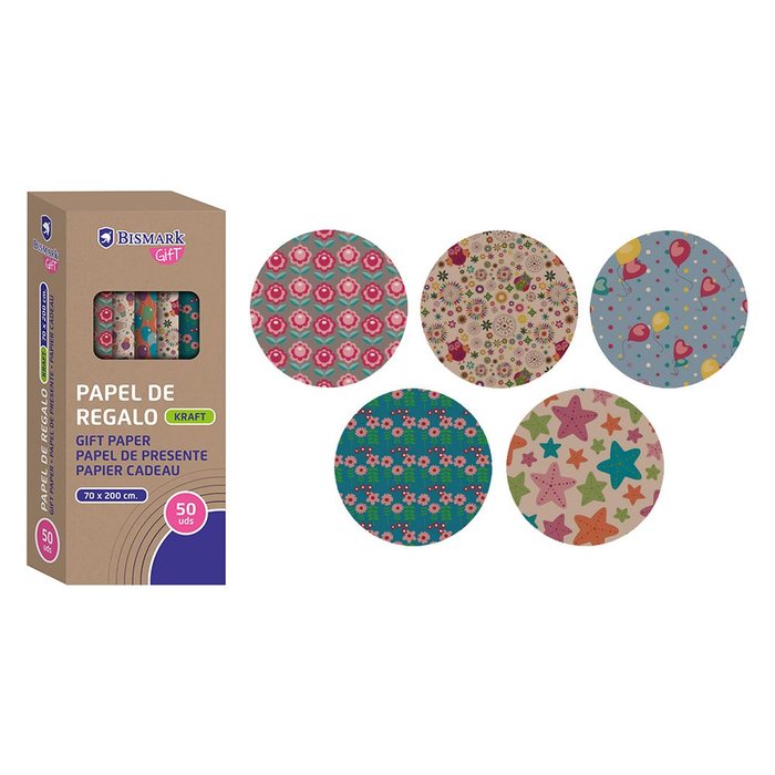 EXPOSITOR 50 ROLLO PAPEL DE REGALO KRAFT FLORES 70X200 | POESSA BISMARK GIFT | ENVASE 50 UDS. UNIDAD | 18430173318241 Imagen principal del producto