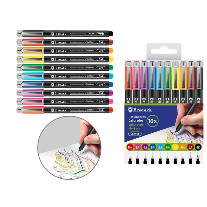 Set 9 Rotuladores Calibrados 0,4Mm + 1U Punta Pincel | Poessa Bismark Basico | Pack 1 Unidades