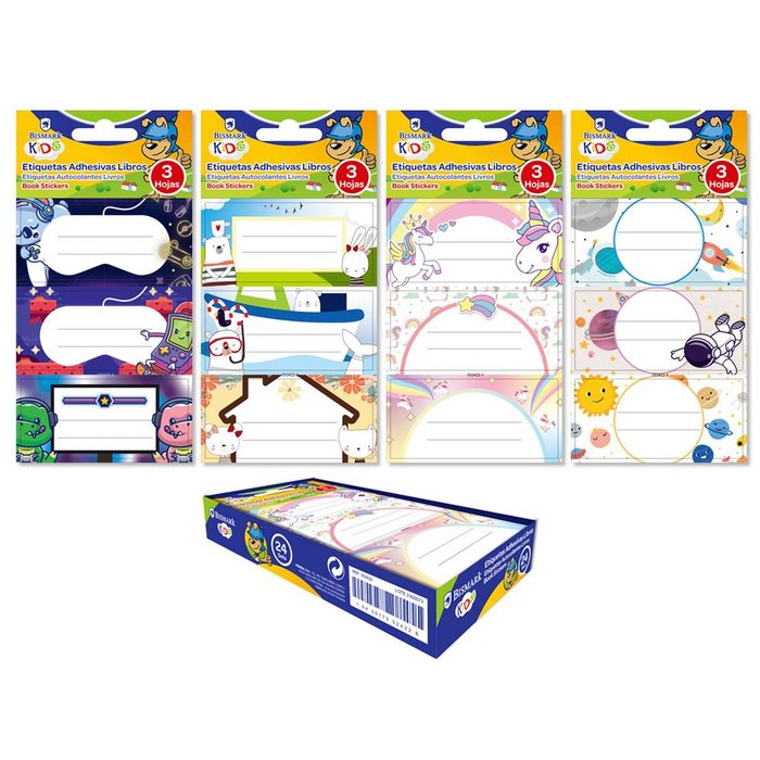 EXPOSITOR 24 PACK ETIQUETAS ADHESIVAS LIBROS KIDS 9U | 24 UNIDADES | (POESSA BISMARK BASICO)