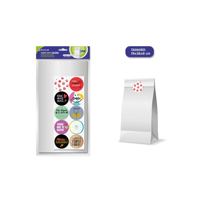SOBRE PAPEL BLANCO 10 UND + ADHESIVOS 19+6X36 CM | 10 UNIDADES | (POESSA BISMARK REGALO)