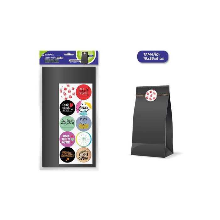 SOBRE PAPEL KRAFT NEGRO 10 UND + ADHESIVOS 19+6X36 CM | 10 UNIDADES | (POESSA BISMARK REGALO)