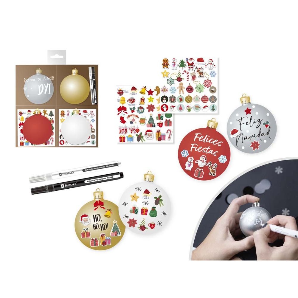 SET 4 BOLAS NAVIDAD + 2 ROTULADORES Y PEGATINAS | BISMARK NAVIDAD | 1 UNIDAD | 8430173336613 Imagen principal del producto