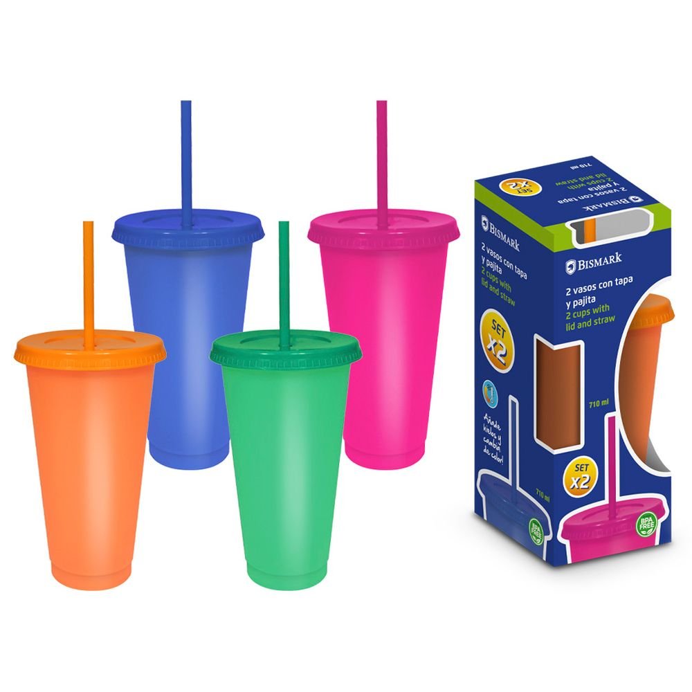 SET 2 VASOS CON TAPA Y PAJITA CAMBIAN DE COLOR | POESSA BISMARK BASICO | 1 UNIDAD | 8430173336712 Imagen principal del producto