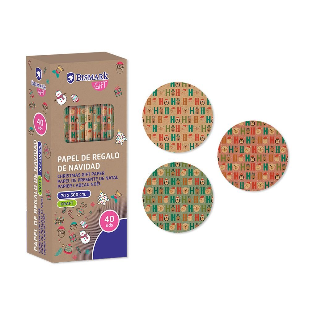 PAPEL DE REGALO NAVIDAD KRAFT HOHOHO 70X500 CM | BISMARK NAVIDAD | ENVASE 40 UDS. UNIDAD | 18430173337198 Imagen principal del producto