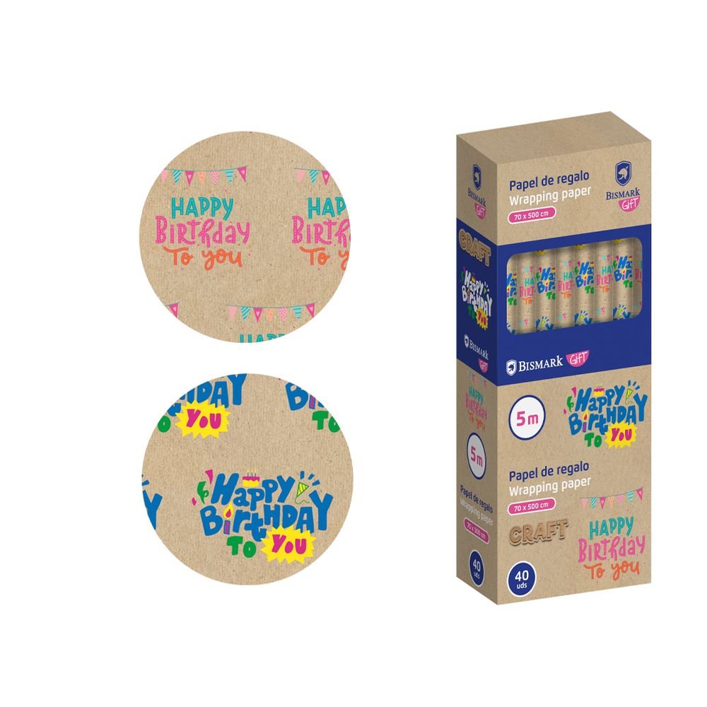 PAPEL DE REGALO KRAFT HAPPY BIRTHDAY 70X500 CM | BISMARK NAVIDAD | ENVASE 40 UDS. UNIDAD | 18430173337228 Imagen principal del producto