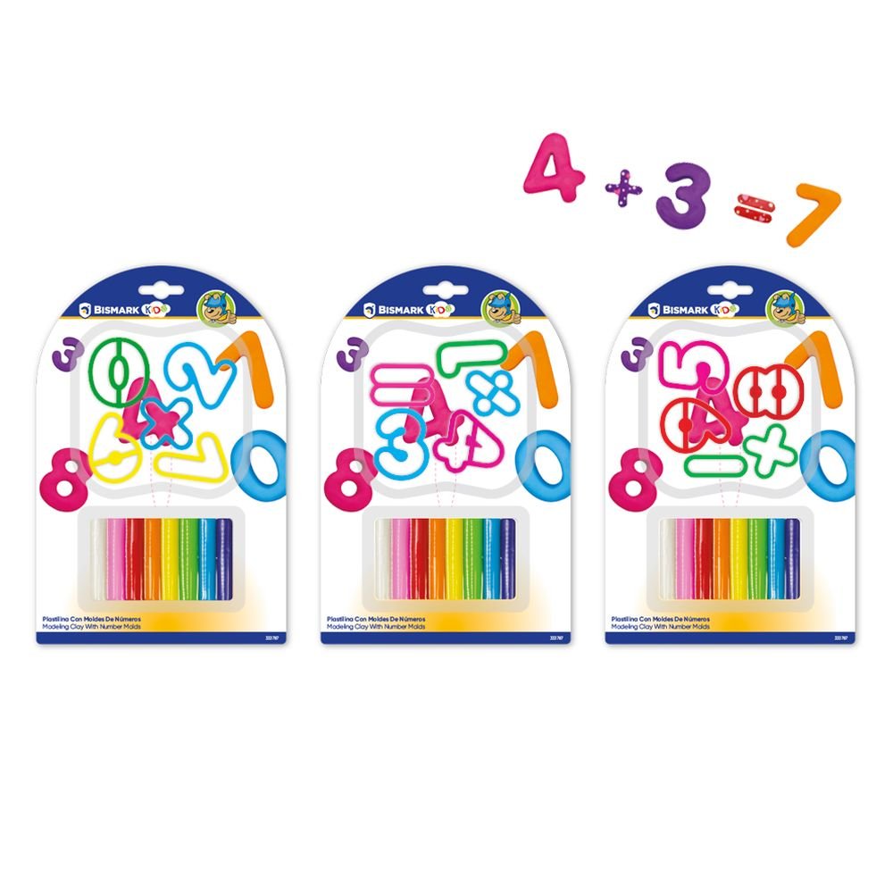 Expositor 12 Pack Plastilina 8 Colores con 5 Moldes Números POESSA BISMARK GIFT