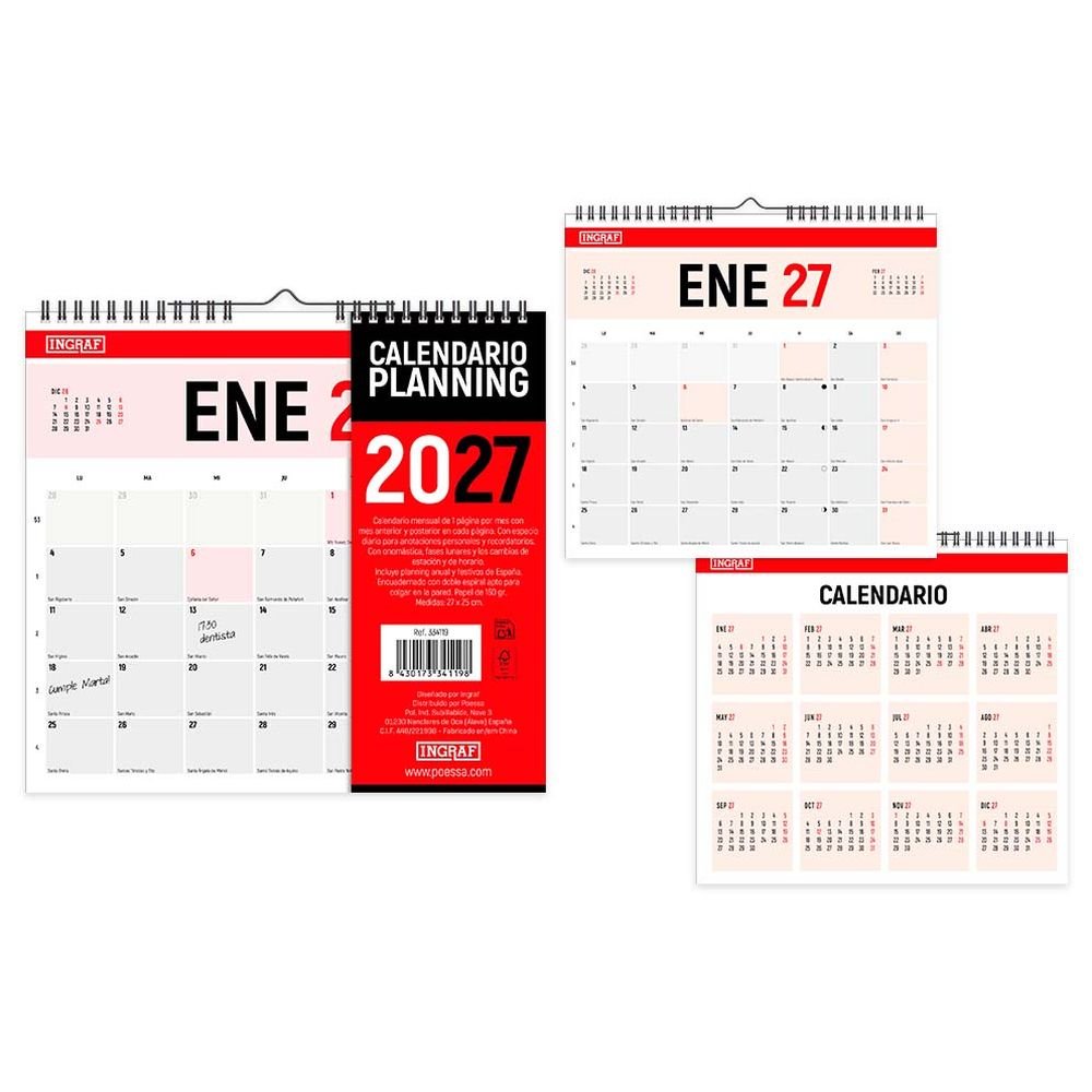 Calendario 2027 Horizontal 27x25 Rojo INGRAF Agendas Imagen principal del producto