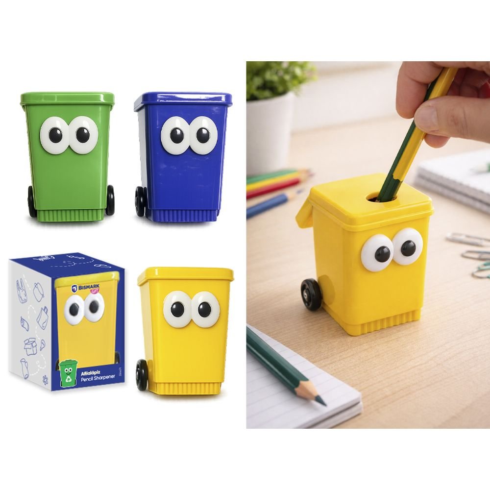 Sacapuntas papelera reciclaje ojitos - Pack 18 ud.