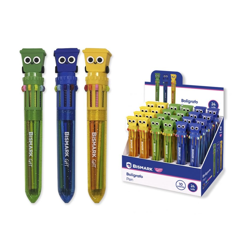 Expositor 24 Bolígrafos 10 Colores Papelera Reciclaje Ojitos POESSA BISMARK GIFT