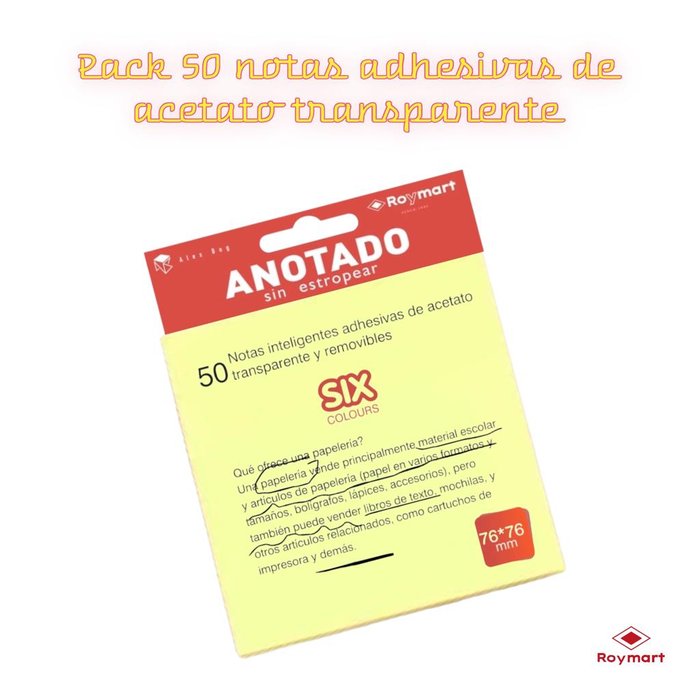 Blister 50 notas adhesivas de acetato transparente y removible color amarillo 76X76 mm. Imagen principal del producto