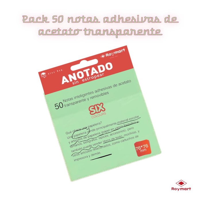 Blister 50 notas adhesivas de acetato transparente y removible color verde 76X76 mm. Imagen principal del producto