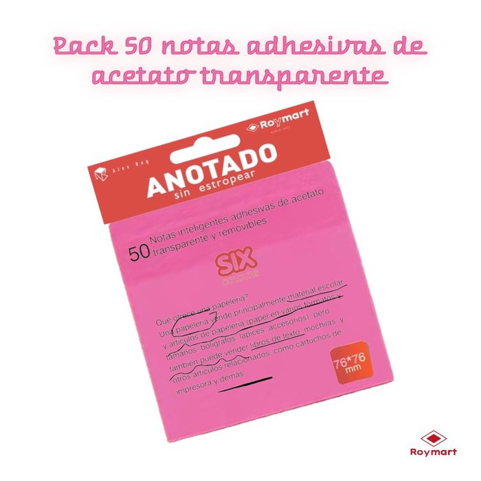 Blister 50 notas adhesivas de acetato transparente y removible color rosa 76X76 mm.
