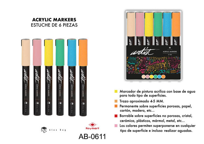 Pack 6 Rotuladores Acrílicos Gama Artist Colores Pastel ROYMART Imagen principal del producto