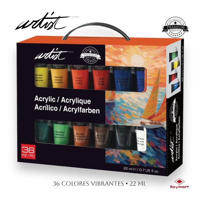 Maletín Artist 36 Colores Pintura Acrílica 22 ml Roymart