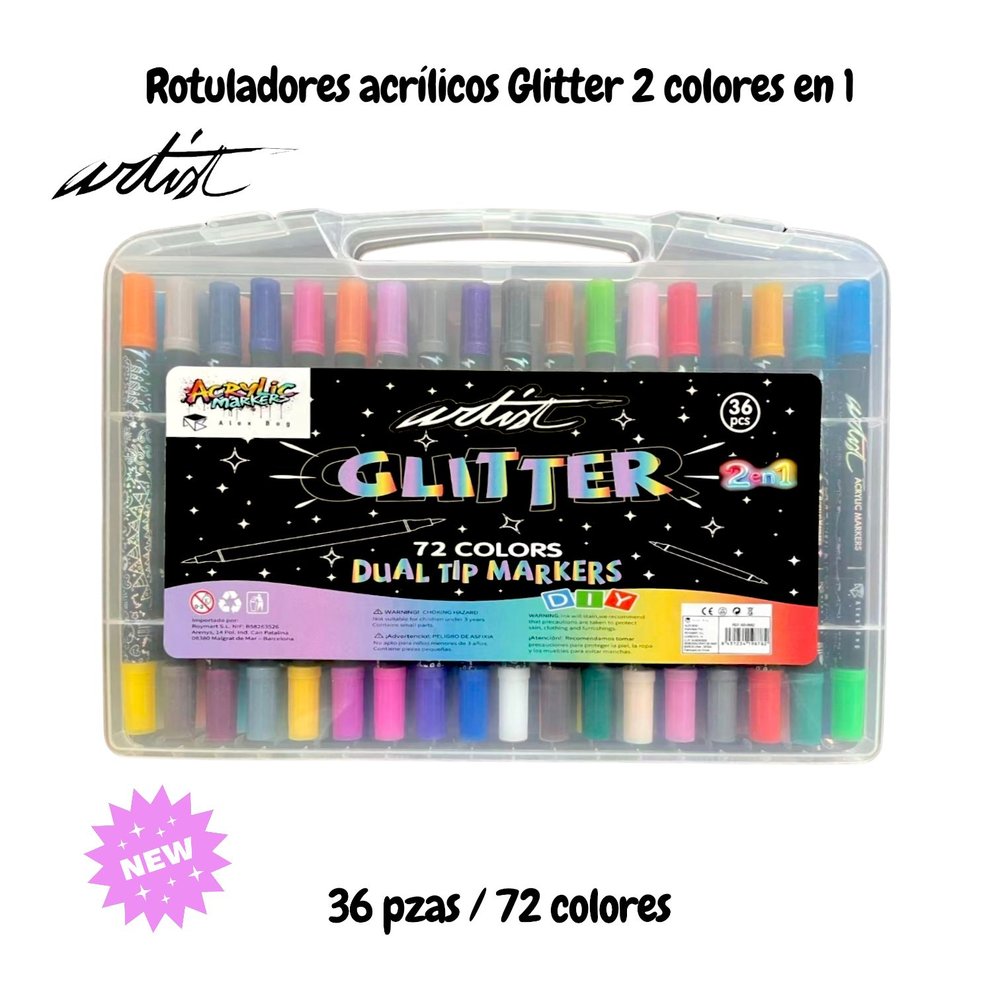 Sets 36 Rotuladores Doble Punta 72 Colores Glitter Shine Roymart