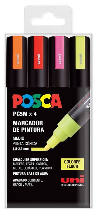 Rotulador Uni Posca Pc5M Estuche 4 Colores Fluor | Posca | Pack 1 Unidades