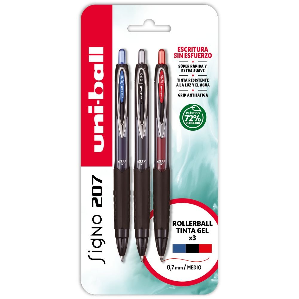 Blister 3 Bolígrafos Uniball Signo 207 Azul, Negro, Rojo Marca UNI-BALL