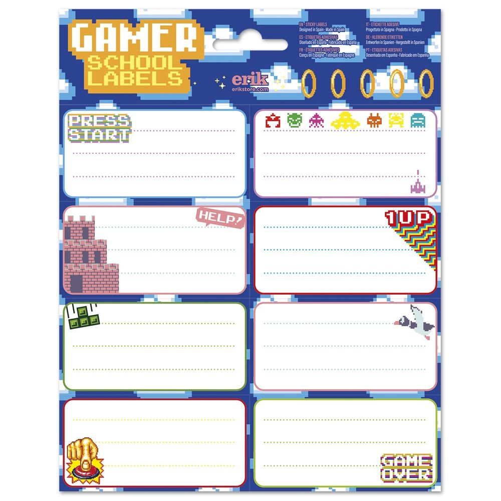 Etiquetas escolares gamer Erik, pack de 10 uds.