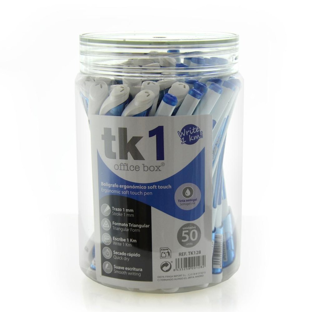 Bote 50 bolígrafos antimicrobial TK1 triangular azul Fraga
