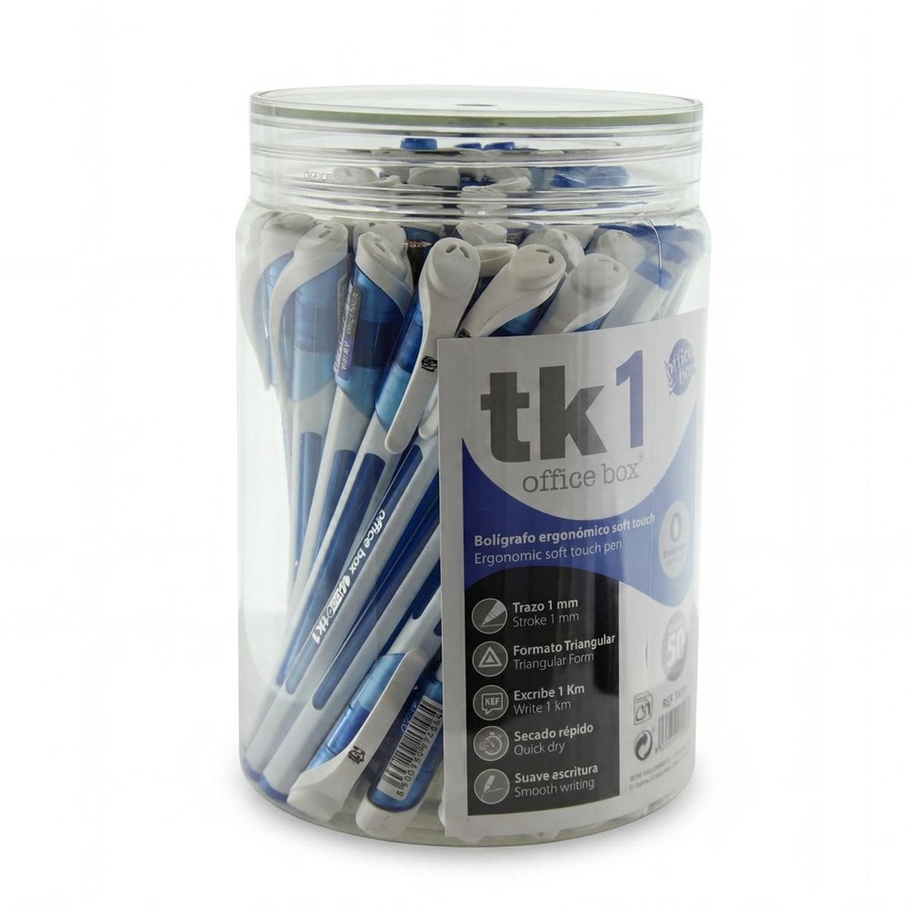 Bote 50 bolígrafos antimicrobial TK1 triangular azul Fraga