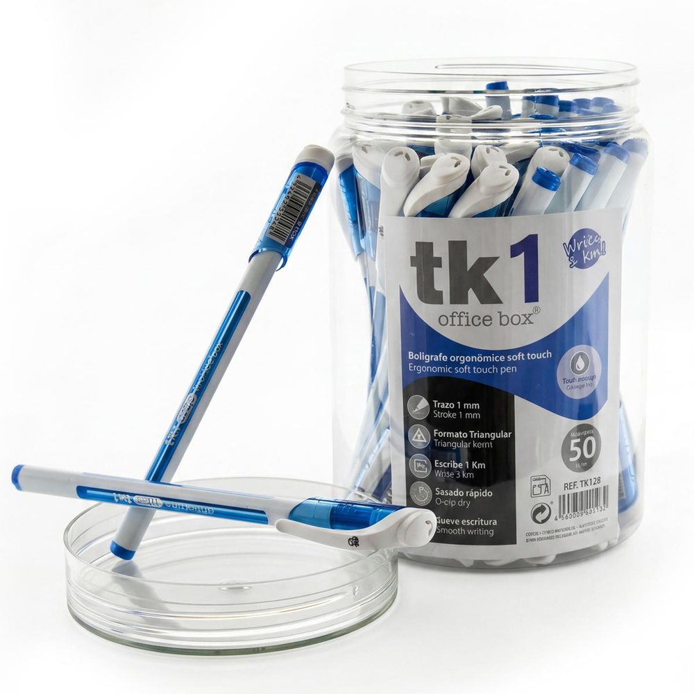 Bote 50 bolígrafos antimicrobial TK1 triangular azul Fraga
