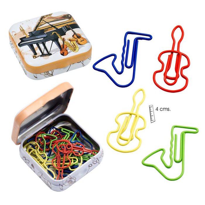 Caja metal 12 clips forma de instrumentos colores surtidos PAPELERIA JAVIER Imagen principal del producto