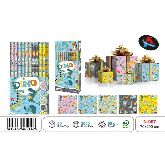 PAPEL REGALO ROLLO 70X200 DINOSAURIOS | ANGEL EUROPA | ENVASE 50 UDS. UNIDAD | 8435462465142 Imagen principal del producto