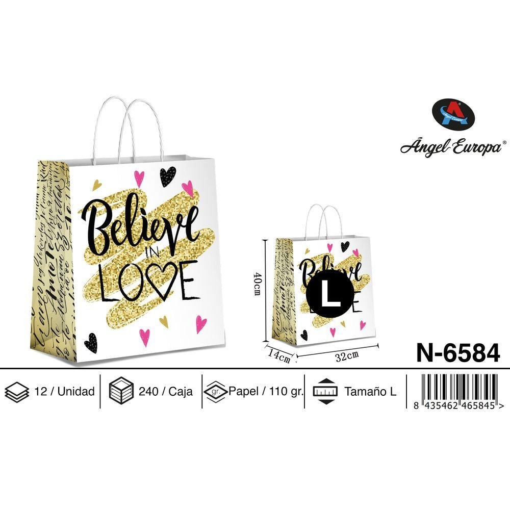 BOLSA PAPEL REGALO BELIEVE IN LOVE 32X14X40 | ANGEL EUROPA | 1 UNIDAD | 8435462465845