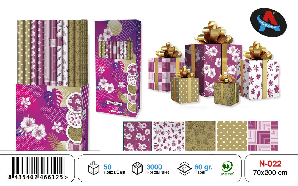 PAPEL REGALO ROLLO 70X200 LILA Y ORO | ANGEL EUROPA | 1 UNIDAD | 8435462466125