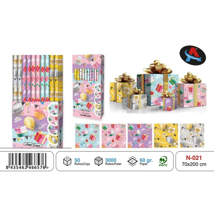 PAPEL REGALO ROLLO 70X200 CELEBRACIONES | ANGEL EUROPA | ENVASE 50 UDS. UNIDAD | 8435462466576 Imagen principal del producto