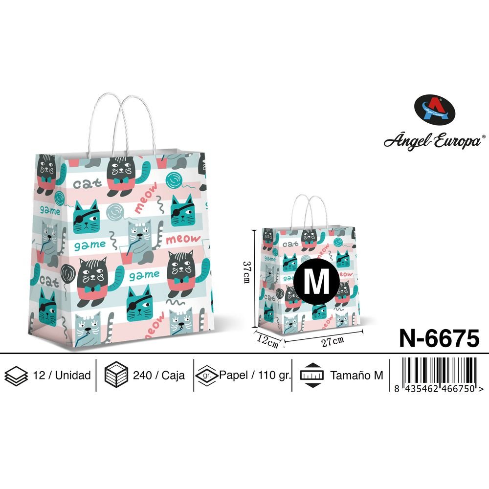BOLSA PAPEL REGALO GATOS 27X12X37 FONDO CLARO | ANGEL EUROPA | 1 UNIDAD | 8435462466750 Imagen principal del producto