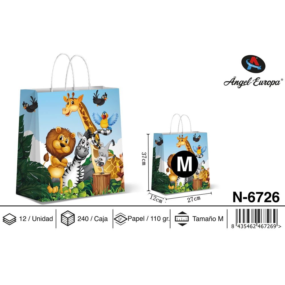 BOLSA PAPEL REGALO ANIMALES EN LA JUNGLA 27X12X37 | ANGEL EUROPA | ENVASE 12 UDS. UNIDAD | 8435462467269 Imagen principal del producto