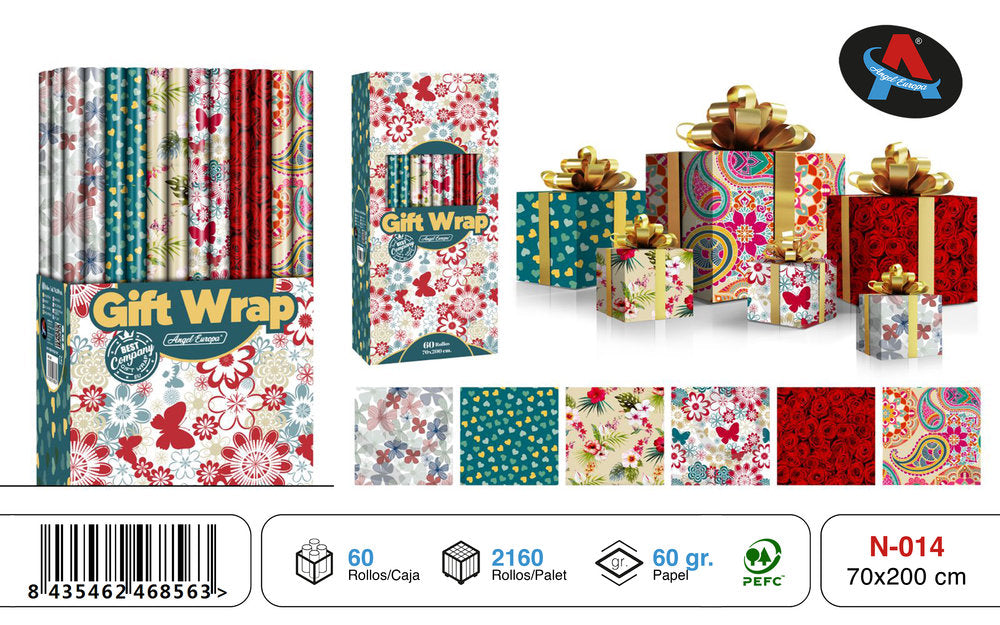 PAPEL REGALO ROLLO 70X200 MARIPOSAS Y FLORES | ANGEL EUROPA | ENVASE 60 UDS. UNIDAD | 8435462468563