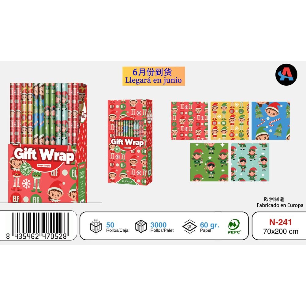 PAPEL REGALO ROLLO 70X200 ELFO NAVIDAD | NAVIDAD ANGEL EUROPA | ENVASE 50 UDS. UNIDAD | 8435462470528 Imagen principal del producto