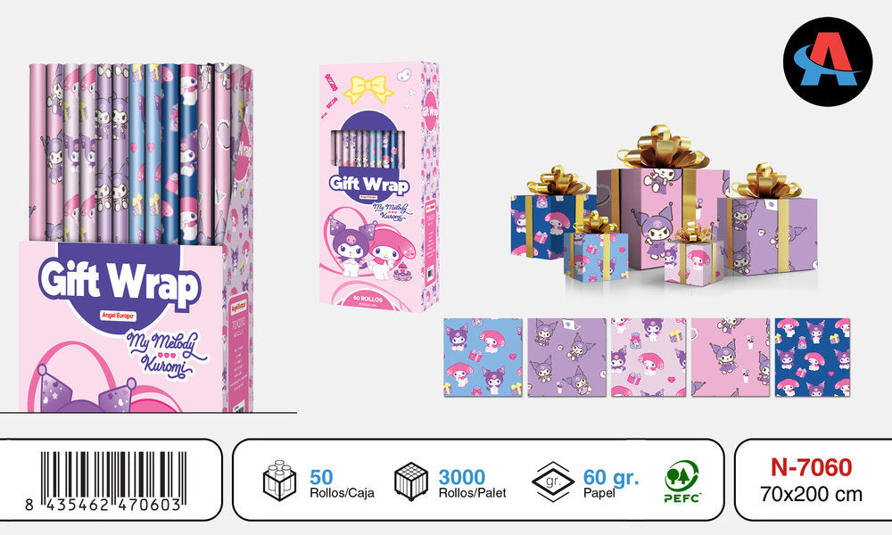EXPOSITOR 50 ROLLOS PAPEL REGALO 70X200 KUROMI | ANGEL EUROPA | ENVASE 50 UDS. UNIDAD | 8435462470603 Imagen principal del producto
